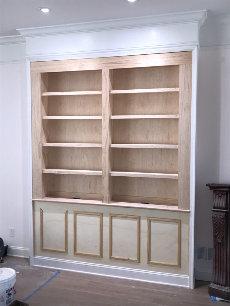 Custom carpentry bookshelf in Cumming, Georgia.